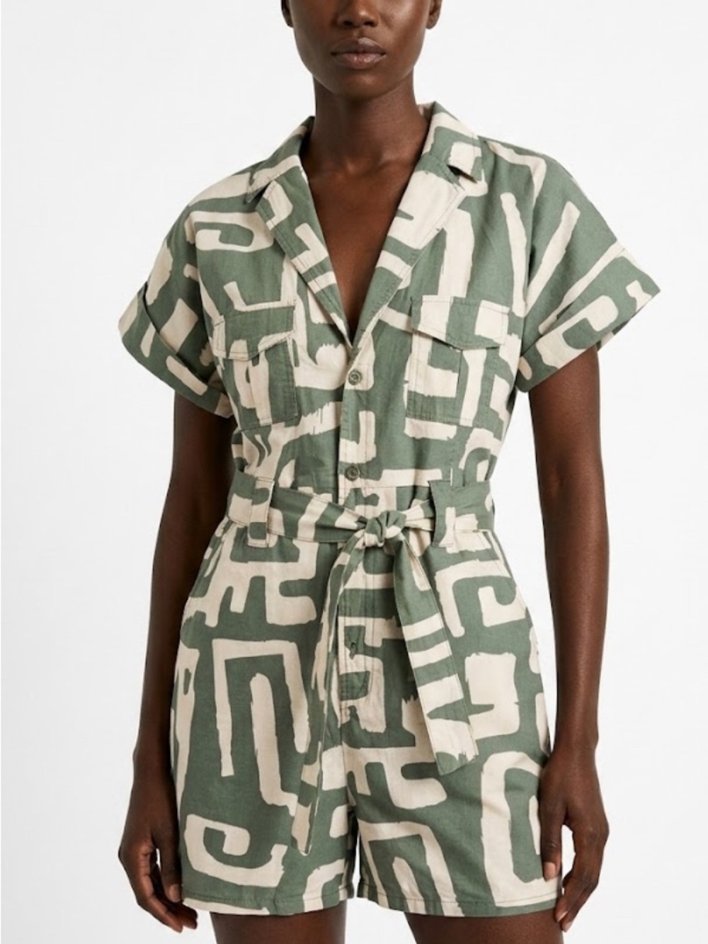 D’Iyanu Short-Sleeve Green & Cream African Printed Tie-Waist Romper M